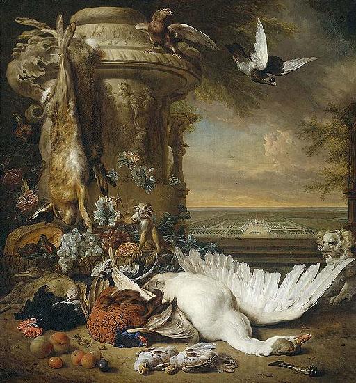 Jan Weenix A monkey and a dog beside dead game and fruit, with the estate of Rijxdorp near Wassenaar in the background Germany oil painting art